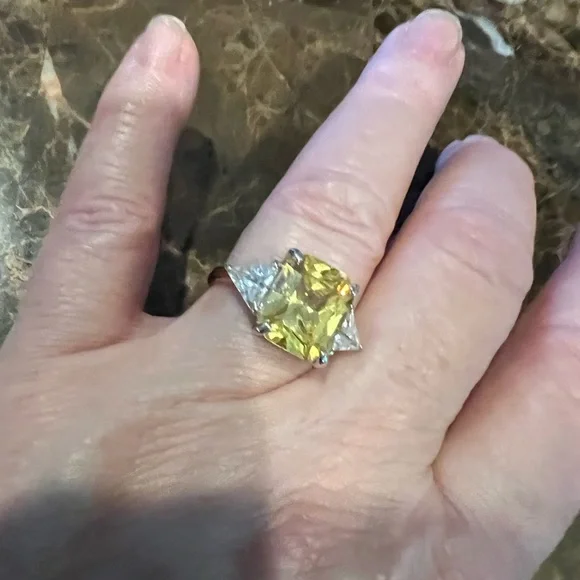 Yellow Sapphire Ring w simulated Triangle diamonds 14k Gold Plated on Sterling - Picture 5 of 7